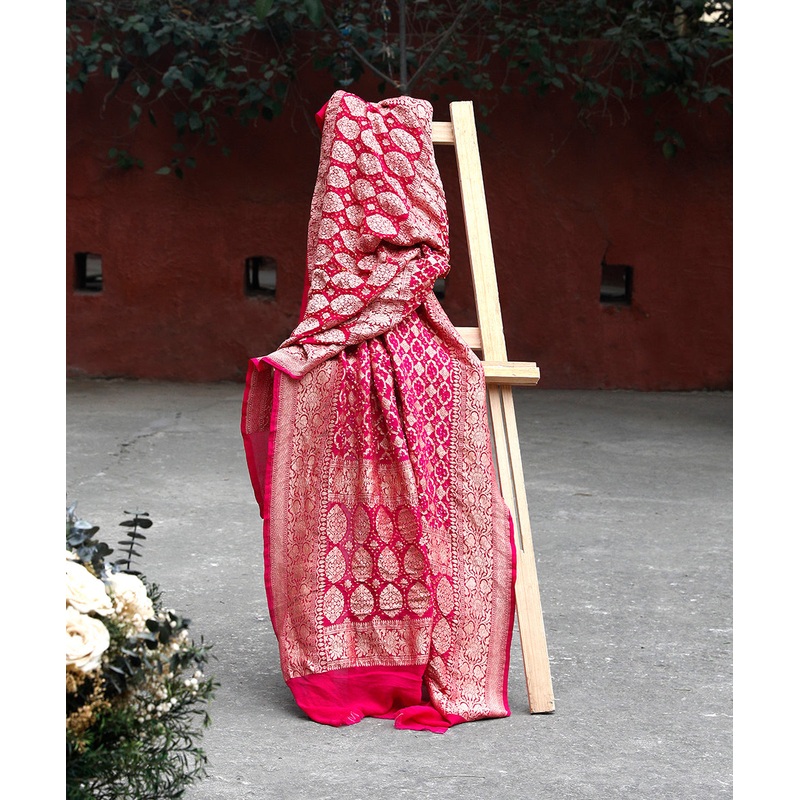 Magenta Handloom Pure Georgette Banarasi Bandhej Dupatta With Floral Palla