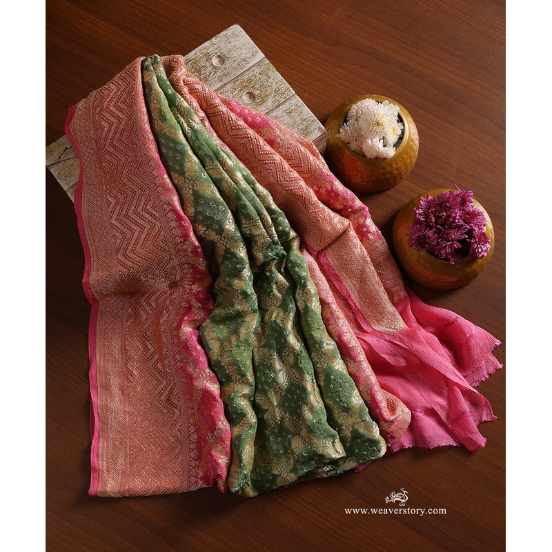 Olive Green And Soft Pink Ombre Dyed Handloom Pure Georgette Banarasi Bandhej Dupatta