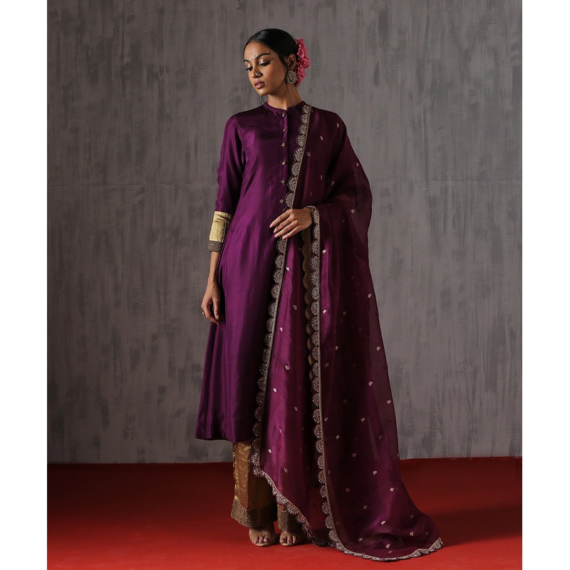 Purple Handwoven Organza Zardozi Dupatta With Scallop Embroidery