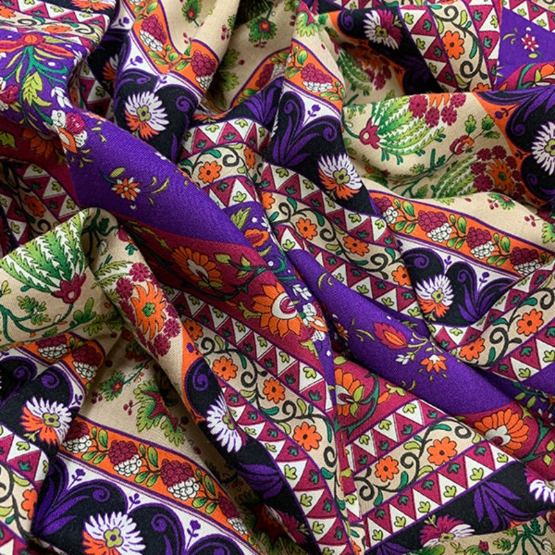 Purple Multi Floral Stripe Print Rayon Challis Fabric