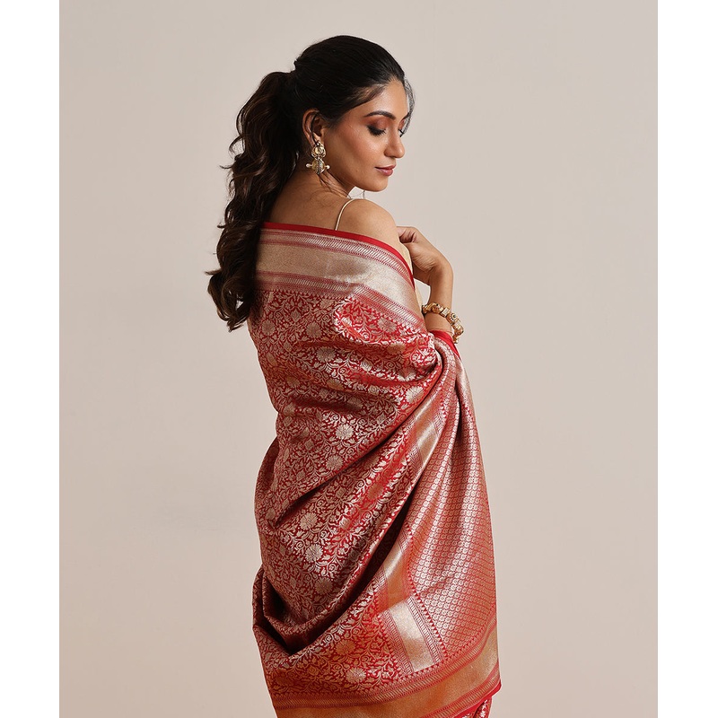 Red Handloom Pure Katan Silk Kimkhab Banarasi Saree With All Over Floral Jaal