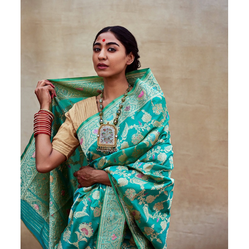 Aqua Green Handloom Pure Katan Silk Banarasi Saree with Intricate Jaal