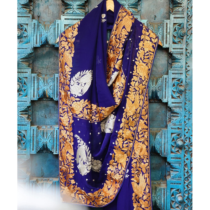 Blue Hand Embroidered Georgette Parsi Gara Dupatta With Embroidered Paisleys - Pre Order
