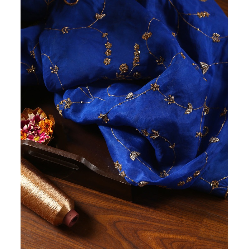Blue Handloom Organza Dupatta With Hand Embroidered Zardozi Work All Over