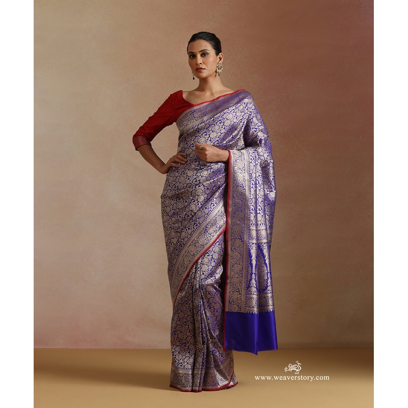 Electric Blue Handloom Pure Katan Silk Kimkhab Banarasi Saree With Floral Jaal