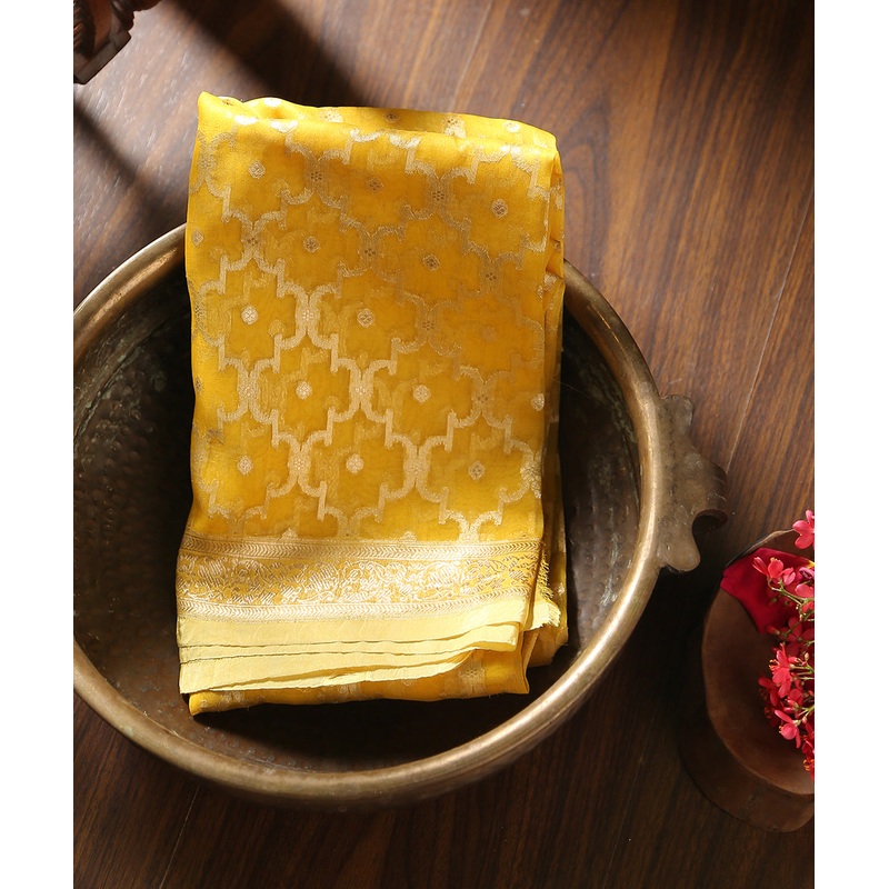 Handloom Yellow Pure Organza Banarasi Dupatta With Cutwork Jaal