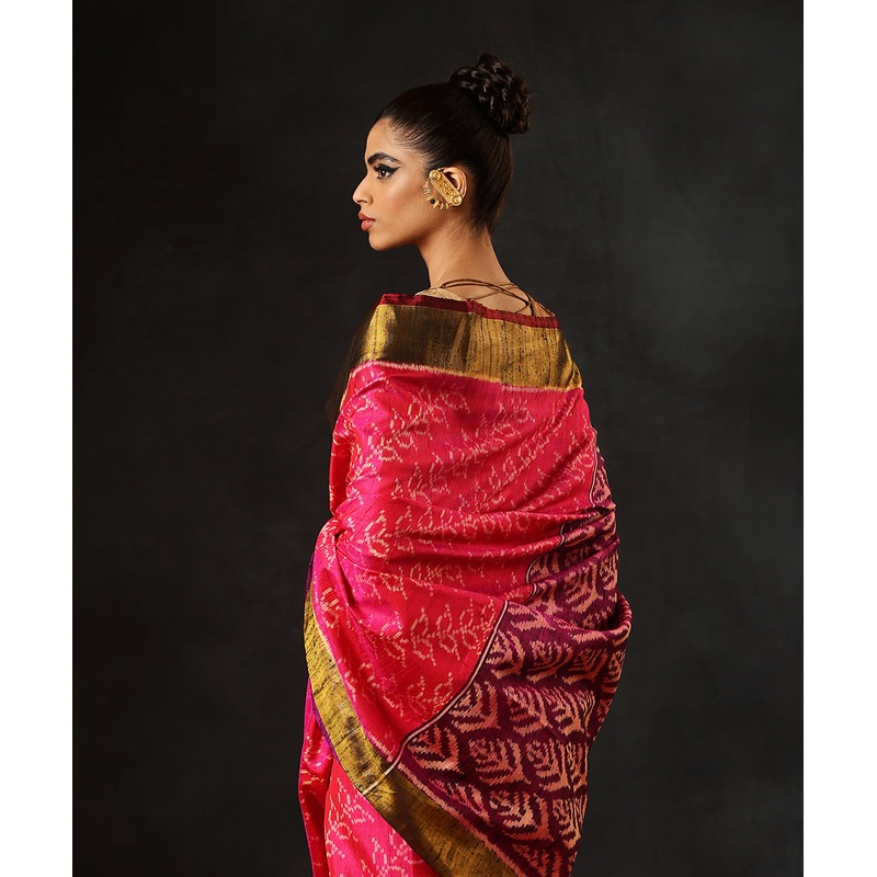 Rani Pink Handloom Pure Raw Silk Single Ikat Patola Saree With Gold Tissue Border