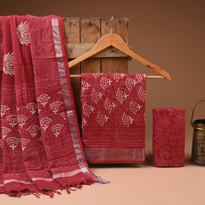 RED- BAGRU HAND BLOCK PRINTED LINEN COTTON SUIT SET WITH ZARI BORDER 09