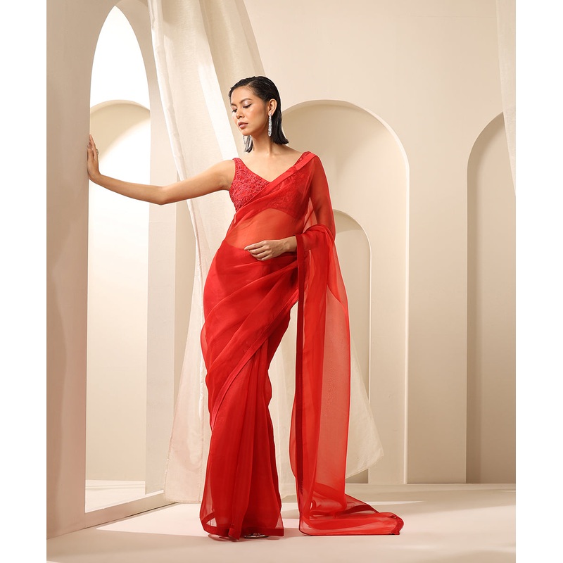 Red Pure Organza Saree With Satin Finishing