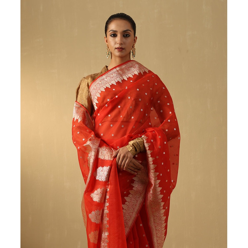 Tomato Red Handloom Pure Kora Silk Banarasi Saree With Sona Rupa Booti