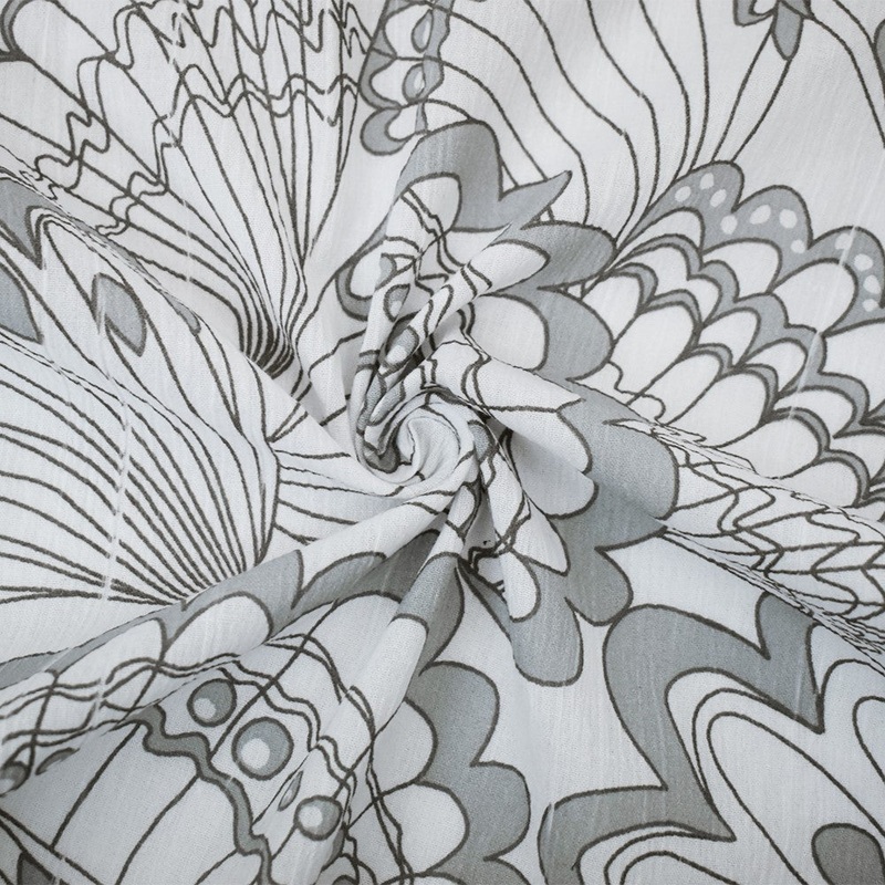 White-Gray Cotton Abstract Feather Printed Crinkled Gauze Woven Fabric
