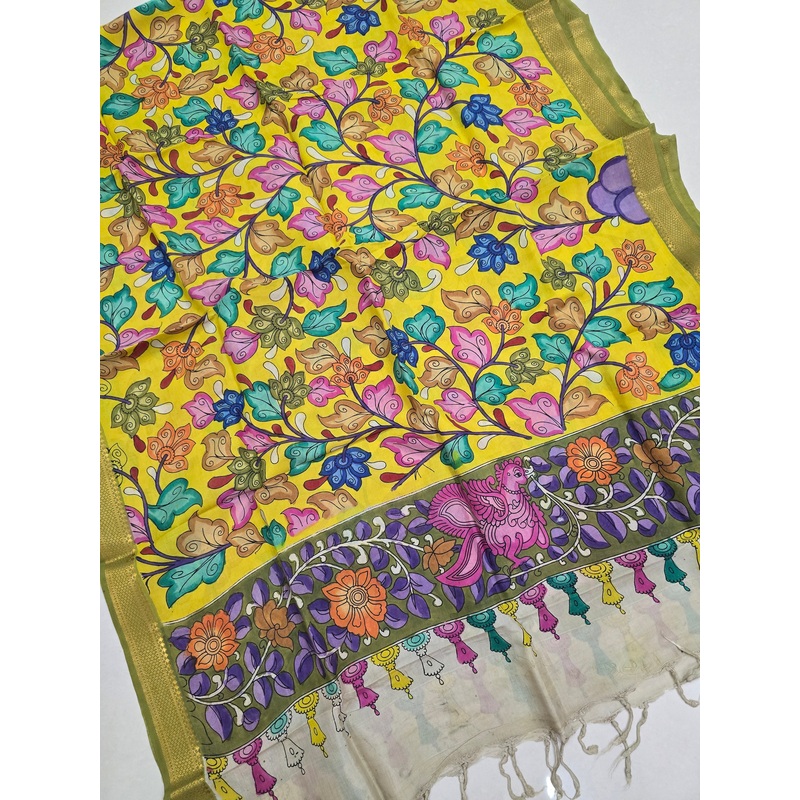 YELLOW - SRIKALAHASTI HANDPAINTED KALAMKARI PURE CHENNURI SILK DUPATTA 02