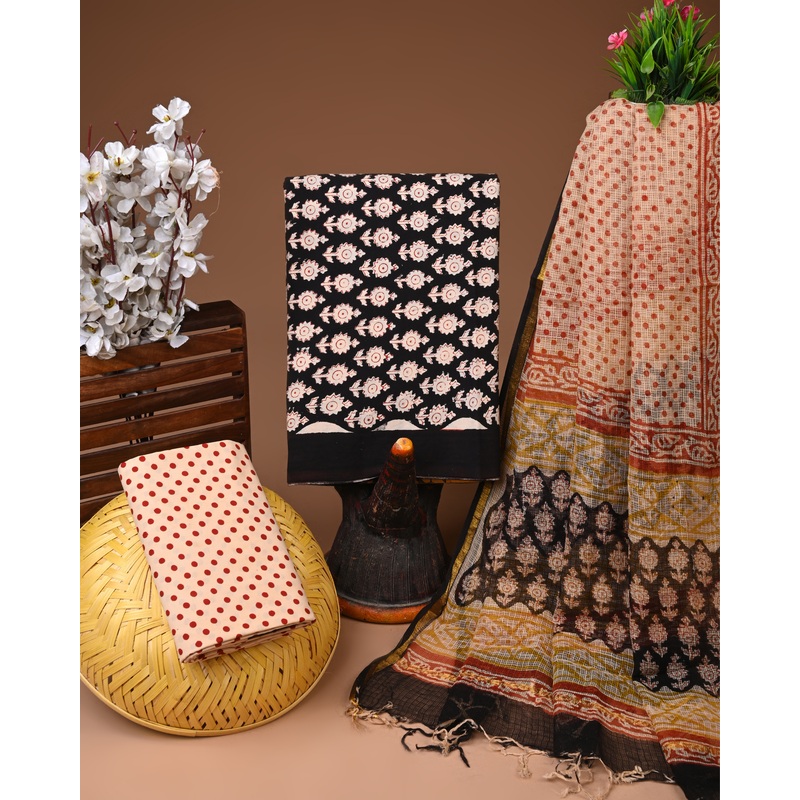 BLACK- BAGRU HAND BLOCK PRINTED COTTON SUIT SET WITH KOTA DUPATTA 27