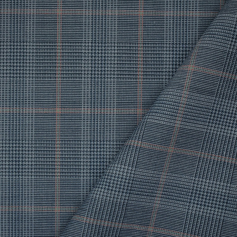 Blue-Orange-Multi Wool Poly Glen Plaid Check Shirting Woven Fabric