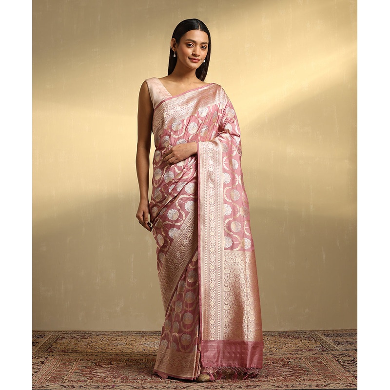 Dusty Rose Handloom Pink Pure Katan Silk Jangla Banarasi Saree With Mughal Motifs