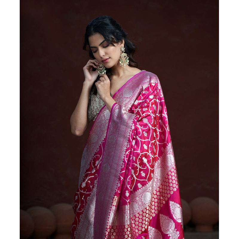 Purple And Pink Handloom Pure Katan Silk Banarasi Saree With Zari Jaal