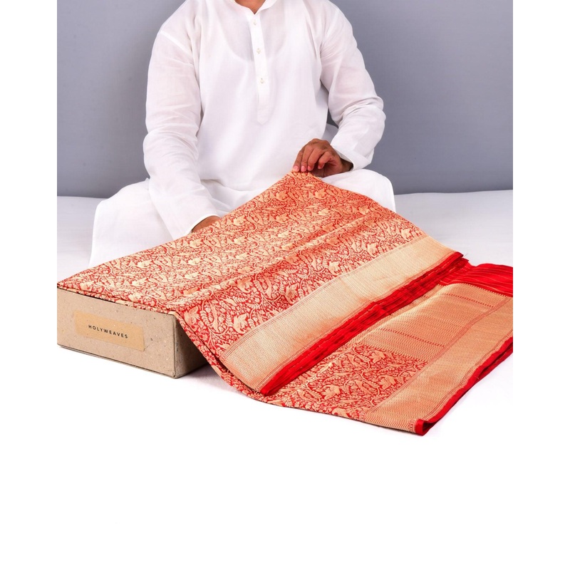 Red Banarasi Shikargah Brocade Handwoven Katan Silk Saree