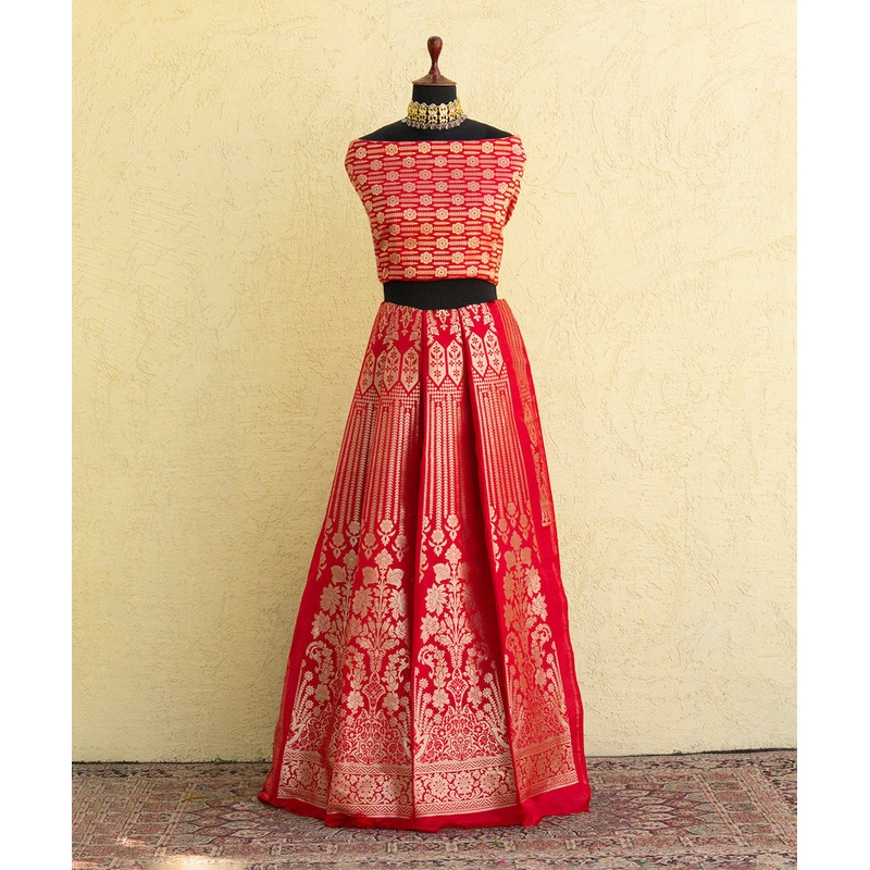 Red Handloom Pure Katan Silk Banarasi Lehenga with Antique Zari Cutwork Weave