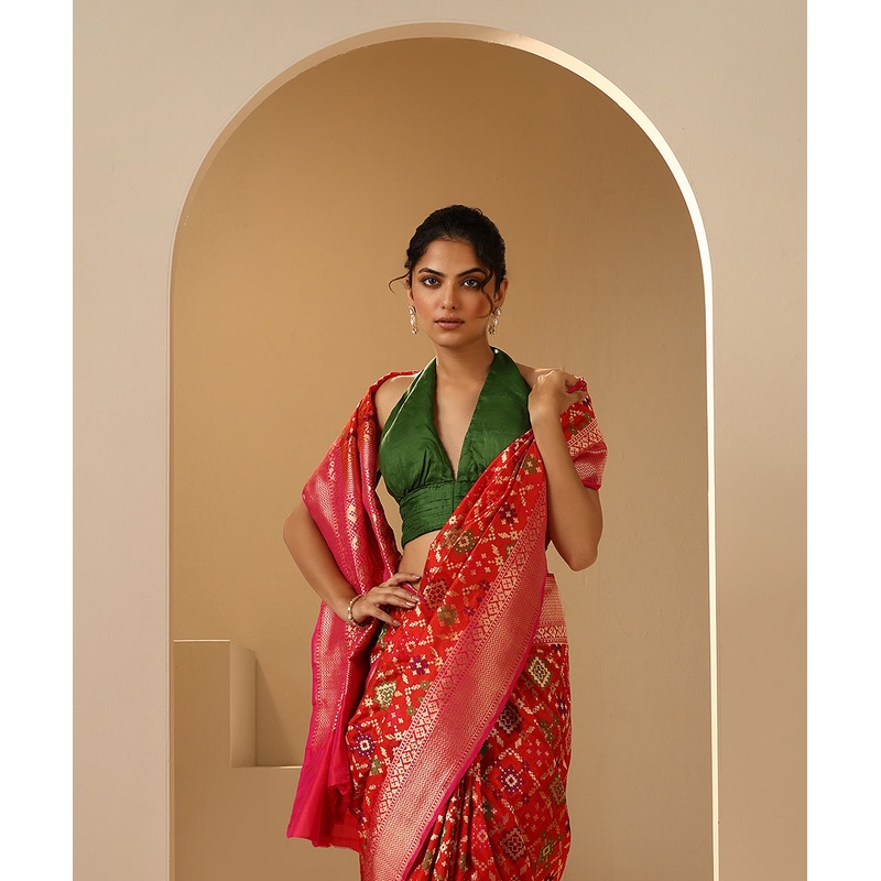 Red Handloom Pure Katan Silk Banarasi Patola Saree With Pink And Gold Border