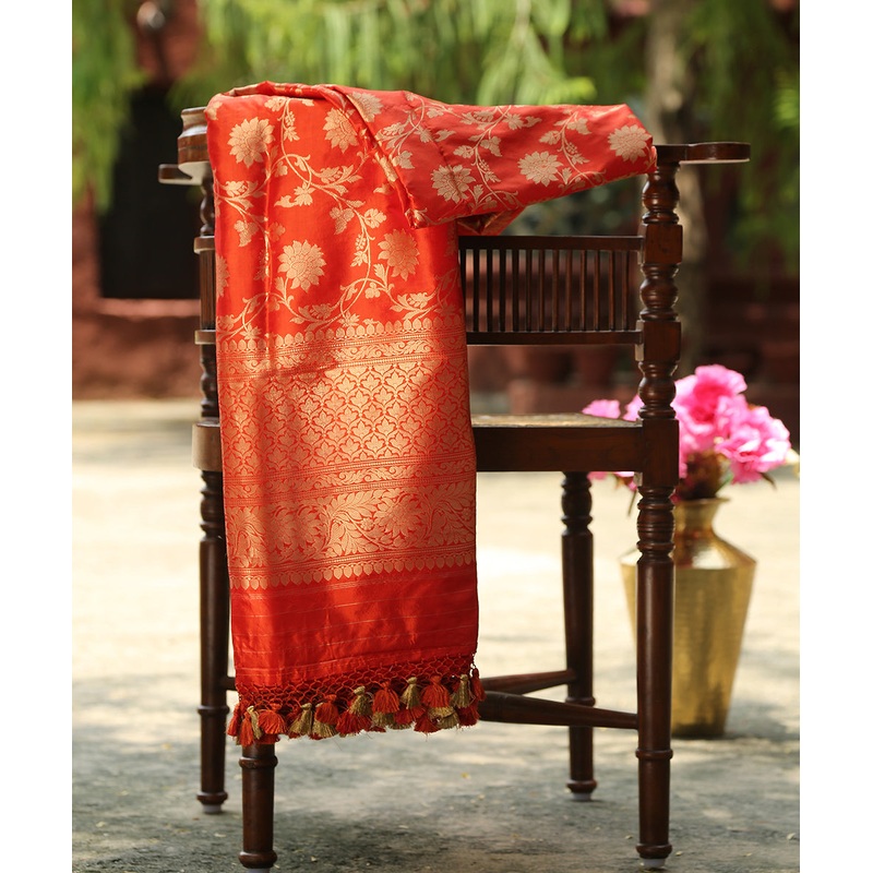 Red Handloom Pure Katan Silk Kadhwa Jangla Banarasi Dupatta