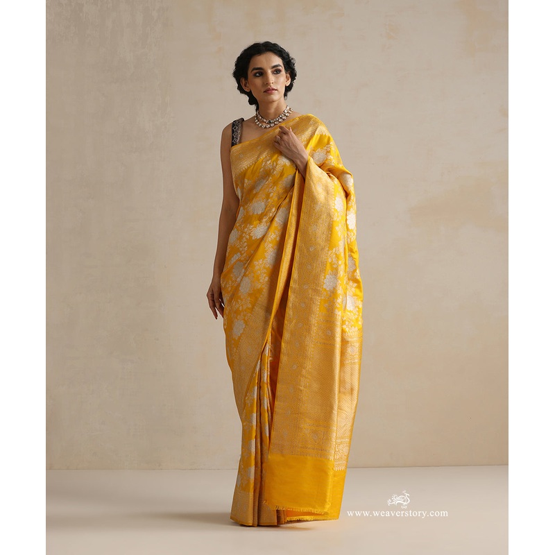 Yellow Handloom Pure Katan Silk Banarasi Saree With Angoor Jaal