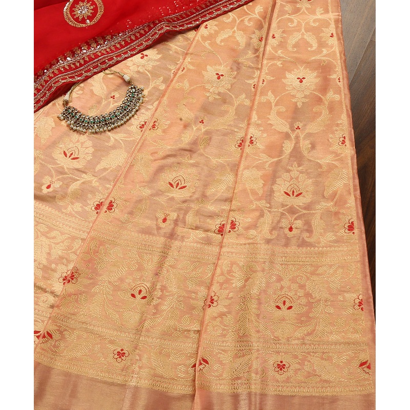 Peach Handloom Pure Tissue Silk Banarasi Lehenga
