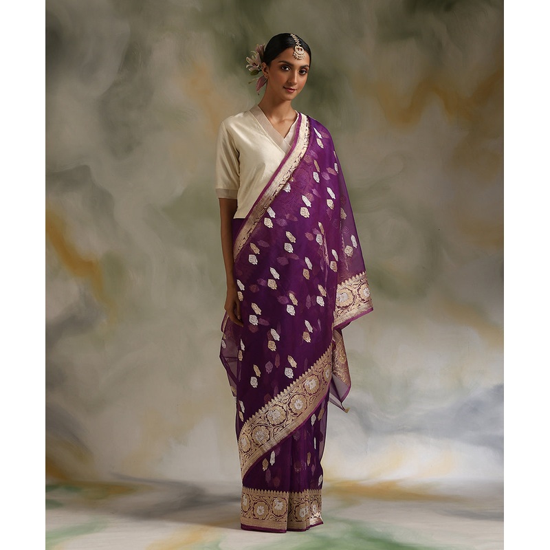 Violet Handloom Pure Kora Silk Banarasi Saree With Sona Rupa Booti
