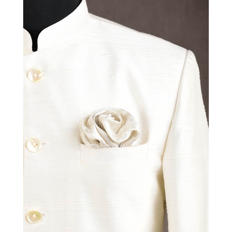 White Moroccon Grids Tanchoi Handwoven Silk Pocket Square for Men with Spiral Hand-Hemming