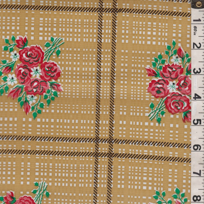 1 1/2 YD PC-Maize Floral Plaid Oilcloth Fabric