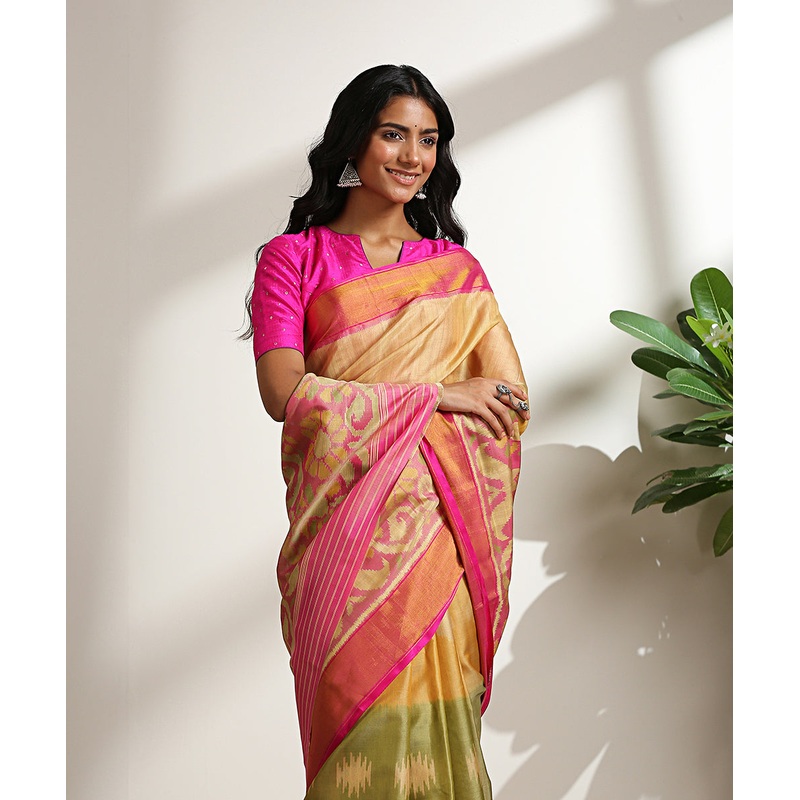 Beige Handloom Pure Mulberry Silk Patola Saree With Pink Border