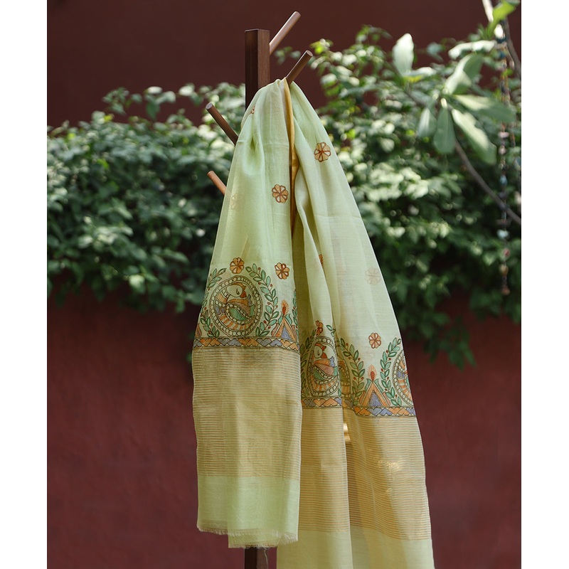 Pista Green Hand Painted Pure Chanderi Madhubani Dupatta