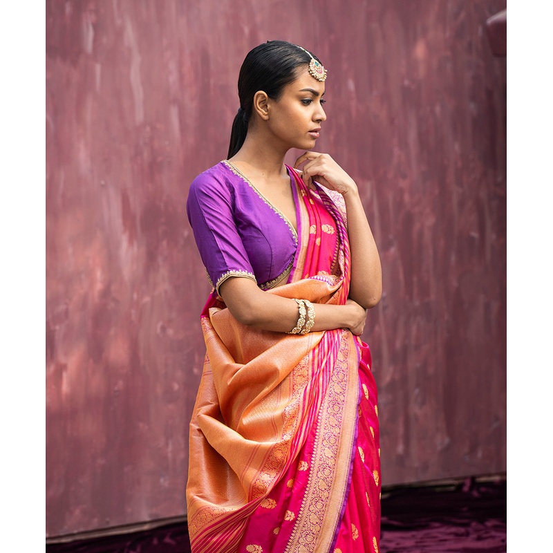Rani Pink Handloom Double Shade Pure Katan Silk Banarasi Saree With Cutwork Booti
