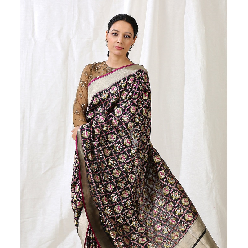Black Handloom Pure Katan Silk Banarasi Patola Saree with Meenakari