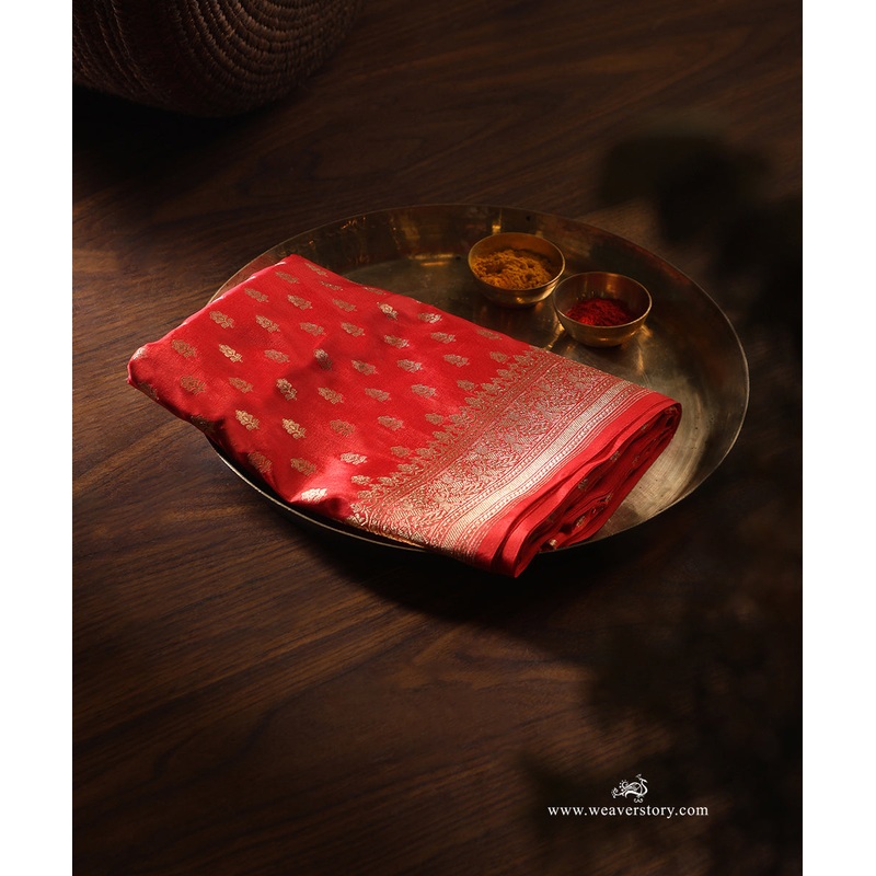 Red Handloom Pure Katan Silk Banarasi Dupatta With Small Flower