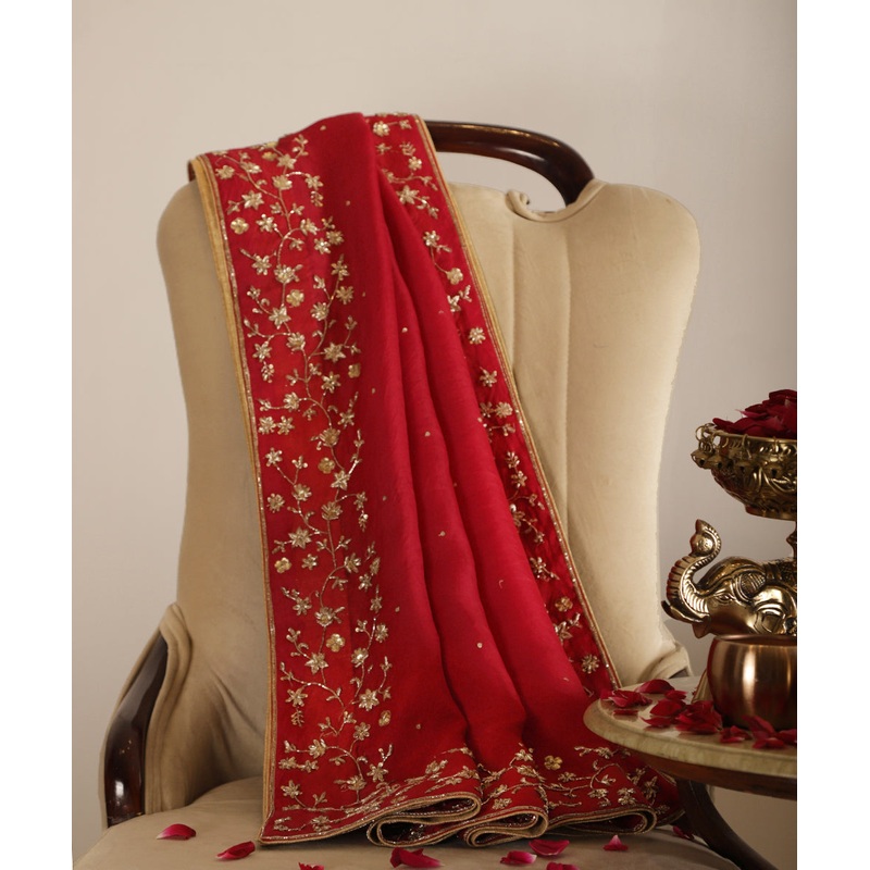 Red Organza Dupatta With Hand Embroidered Zardozi Border