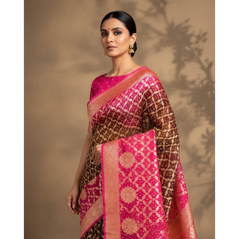 Shaded Pink-Brown Banarasi Cutwork Brocade Handwoven Khaddi Georgette Saree with White & Yellow Bandhej