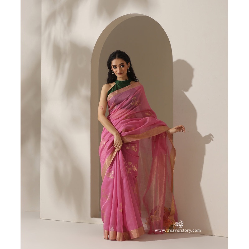 Dark Pink Handloom Lotus Motif Cotton Silk Chanderi Saree