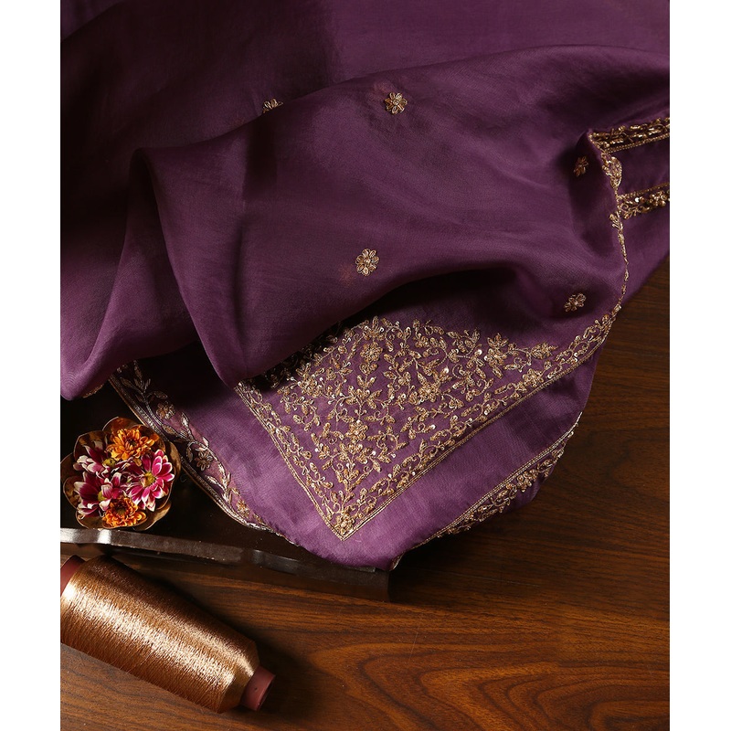 Purple Handloom Organza Dupatta With Embroidered Zardozi Borders And Boota All Over