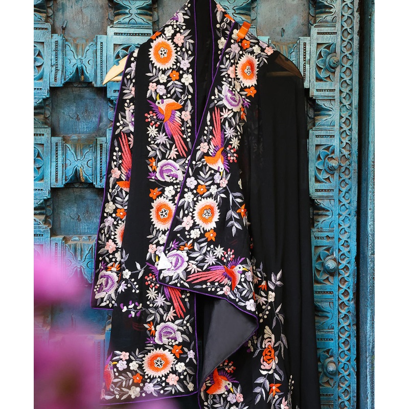 Black Hand Embroidered Georgette Parsi Gara Dupatta With Multicoloured Floral Border