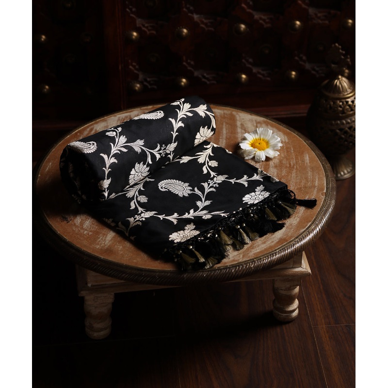Black Handloom Pure Katan Silk Banarasi Dupatta With Paisley Jaal