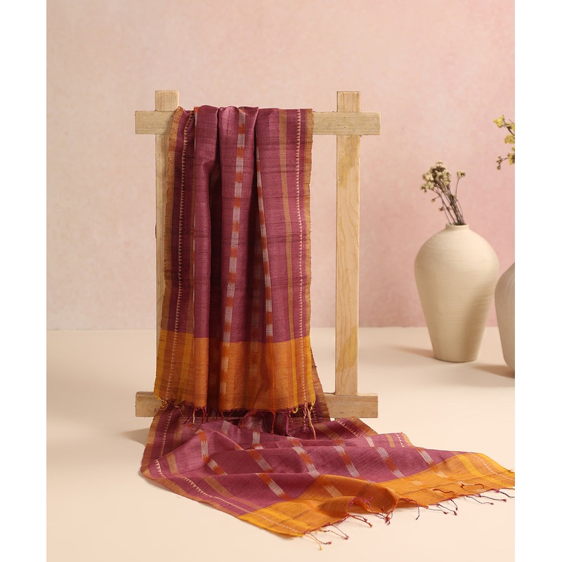 Purple Handloom Cotton Ikat Stole With Orange Ikat Stripes