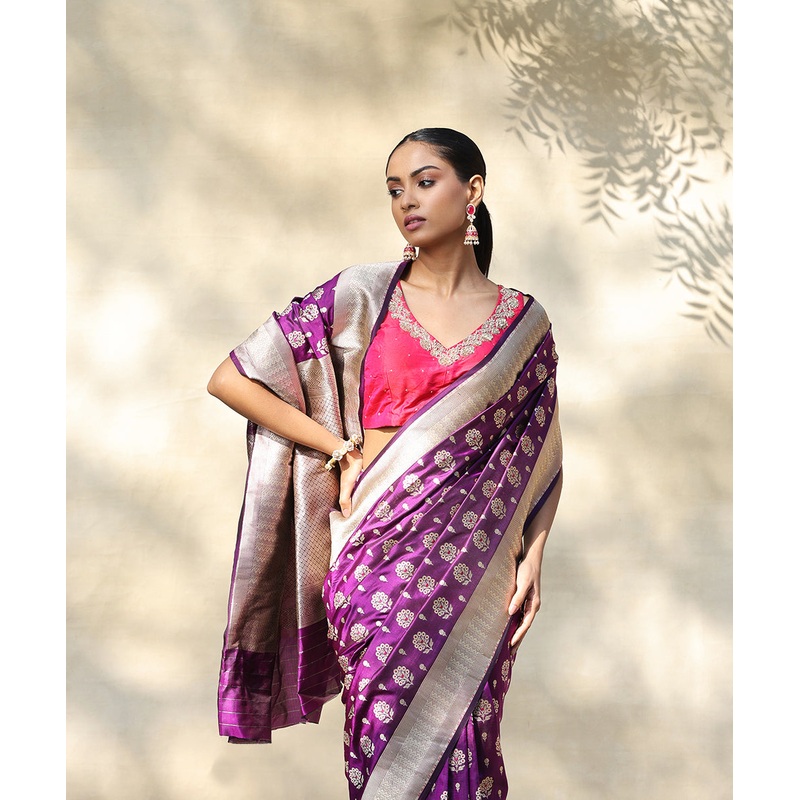 Purple Handloom Pure Katan Silk Banarasi Saree With Meena Booti