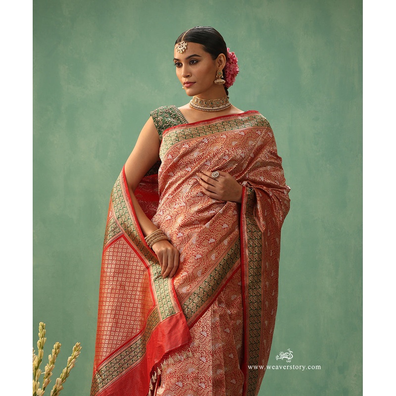 Red Handloom Pure Katan Silk Real Zari Kimkhab Banarasi Saree With Green Border