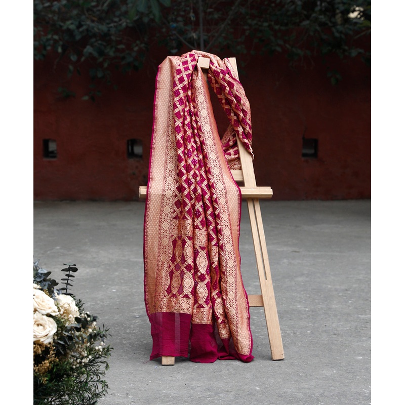 Handloom Purple Pure Georgette Banarasi Bandhej Dupatta With Cutwork Weave