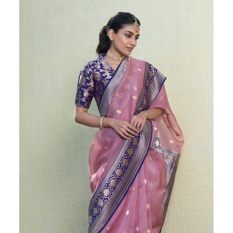 Purple Handloom Kora Silk Banarasi Saree With Dark Purple Border