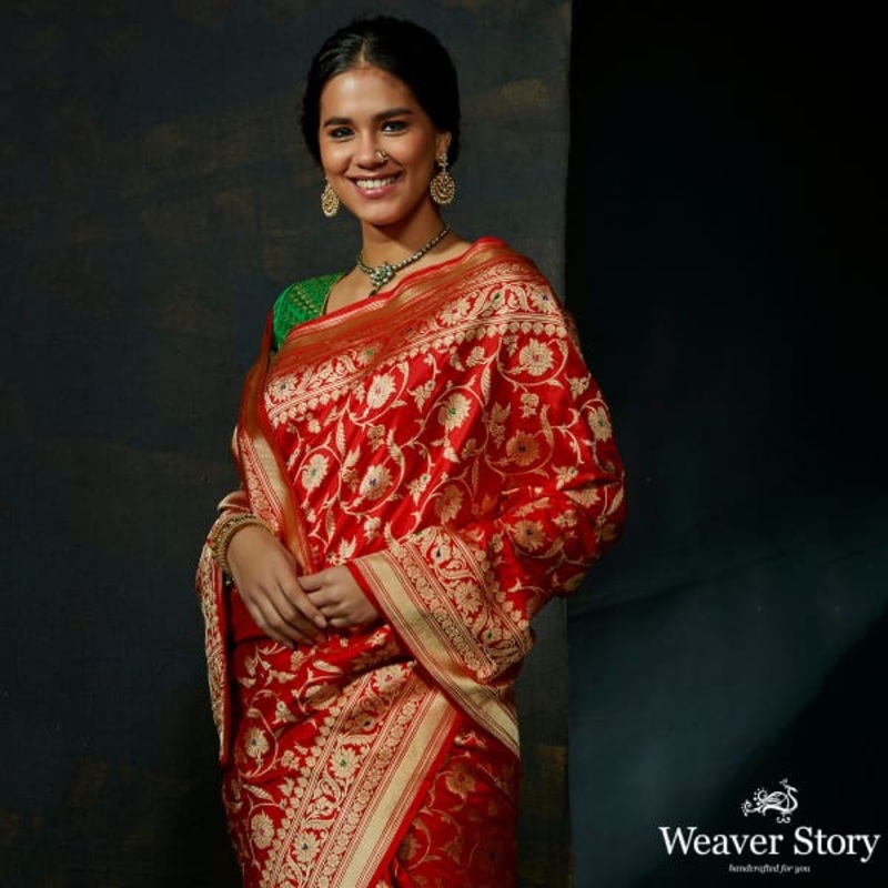 Red katan silk kadhwa jangla with meenakari