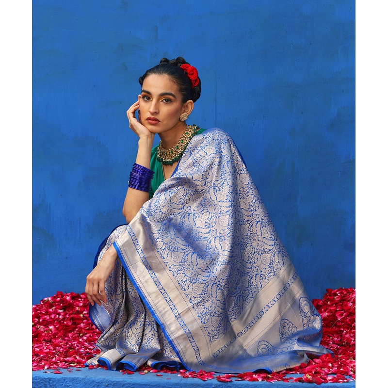 Electric Blue Handloom Pure Katan Silk Tanchoi Banarasi Saree