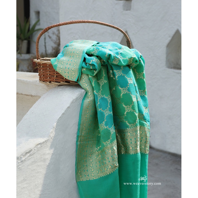 Handloom Green And Blue Pure Georgette Banarasi Rangkat Dupatta With Gold Zari Diamond Jaal