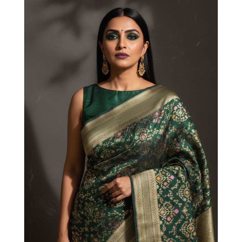 Sacramento Green Tehra Floral Jaal Cutwork Brocade Handwoven Katan Silk Banarasi Saree