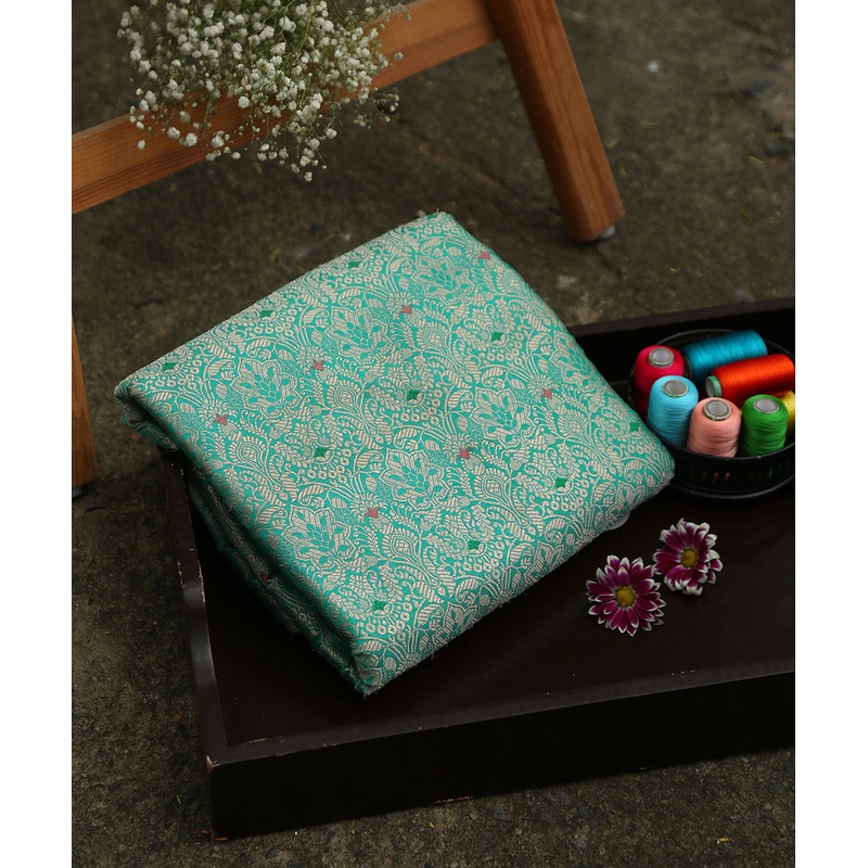 Sea Green Handloom Pure Katan Silk Kimkhab Banarasi Fabric With Mughal Motifs And Antique Zari